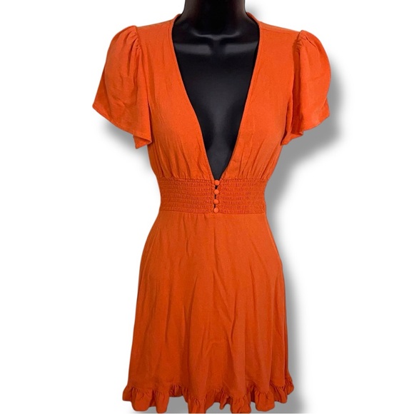 Small Forever 21 Brick Dress Deep Vneck Short Puff Sleeve Retro Ruffle Orange - Picture 1 of 16